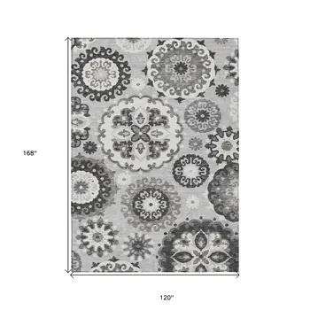 10' X 14' Silver Gray And Ivory Floral Medallion Washable Indoor Outdoor Area Rug
