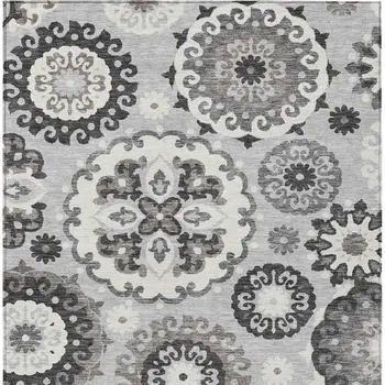10' X 14' Silver Gray And Ivory Floral Medallion Washable Indoor Outdoor Area Rug
