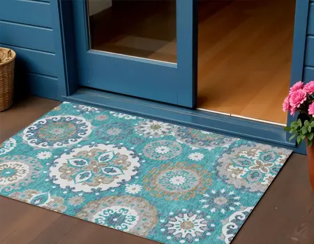 3' X 5' Teal Blue Taupe And Gray Floral Medallion Washable Indoor Outdoor Area Rug