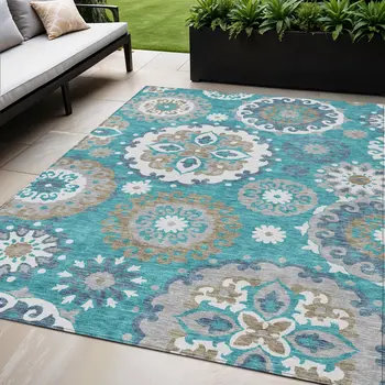 5' X 8' Teal Blue Taupe And Gray Floral Medallion Washable Indoor Outdoor Area Rug