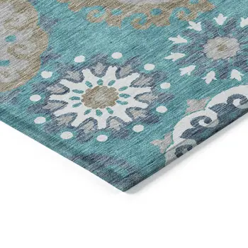5' X 8' Teal Blue Taupe And Gray Floral Medallion Washable Indoor Outdoor Area Rug