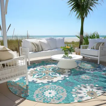 8' Teal Blue Taupe And Gray Round Floral Medallion Washable Indoor Outdoor Area Rug