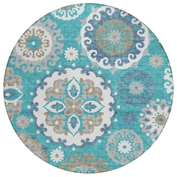 8' Teal Blue Taupe And Gray Round Floral Medallion Washable Indoor Outdoor Area Rug
