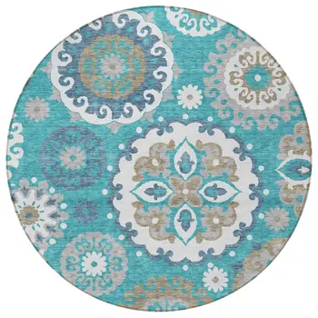 8' Teal Blue Taupe And Gray Round Floral Medallion Washable Indoor Outdoor Area Rug