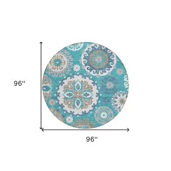 8' Teal Blue Taupe And Gray Round Floral Medallion Washable Indoor Outdoor Area Rug