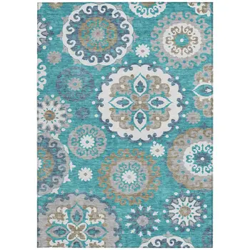 8' X 10' Teal Blue Taupe And Gray Floral Medallion Washable Indoor Outdoor Area Rug