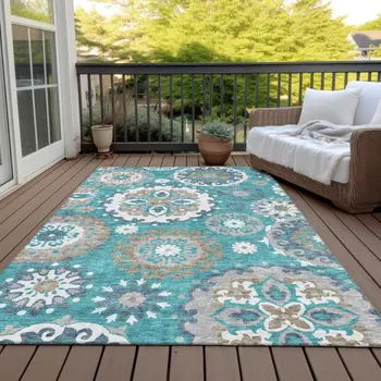 9' X 12' Teal Blue Taupe And Gray Floral Medallion Washable Indoor Outdoor Area Rug