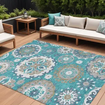 10' X 14' Teal Blue Taupe And Gray Floral Medallion Washable Indoor Outdoor Area Rug