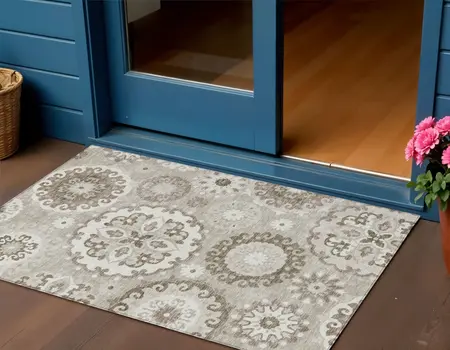 3' X 5' Taupe Beige And Brown Floral Medallion Washable Indoor Outdoor Area Rug