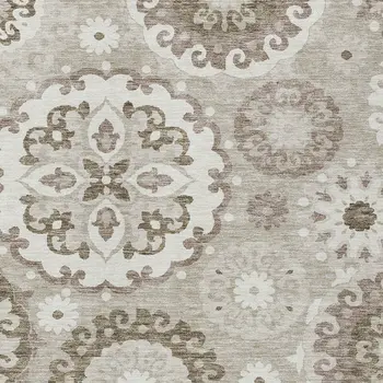 5' X 8' Taupe Beige And Brown Floral Medallion Washable Indoor Outdoor Area Rug