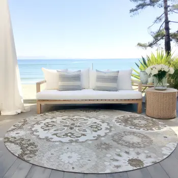 8' Taupe Beige And Brown Round Floral Medallion Washable Indoor Outdoor Area Rug