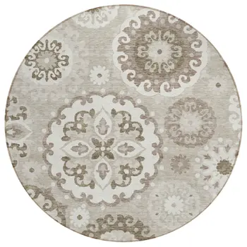 8' Taupe Beige And Brown Round Floral Medallion Washable Indoor Outdoor Area Rug