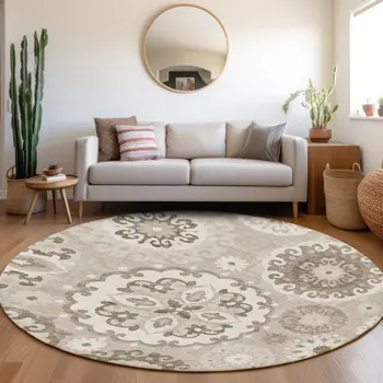 8' Taupe Beige And Brown Round Floral Medallion Washable Indoor Outdoor Area Rug