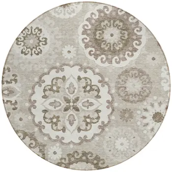 8' Taupe Beige And Brown Round Floral Medallion Washable Indoor Outdoor Area Rug