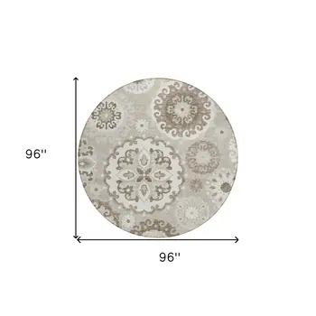 8' Taupe Beige And Brown Round Floral Medallion Washable Indoor Outdoor Area Rug