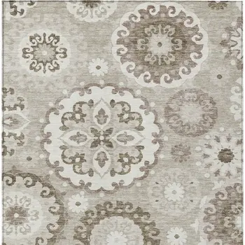9' X 12' Taupe Beige And Brown Floral Medallion Washable Indoor Outdoor Area Rug