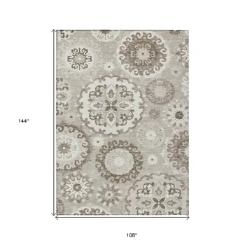 9' X 12' Taupe Beige And Brown Floral Medallion Washable Indoor Outdoor Area Rug