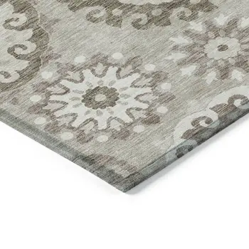 9' X 12' Taupe Beige And Brown Floral Medallion Washable Indoor Outdoor Area Rug