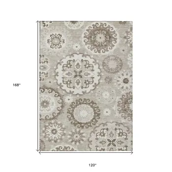 10' X 14' Taupe Beige And Brown Floral Medallion Washable Indoor Outdoor Area Rug