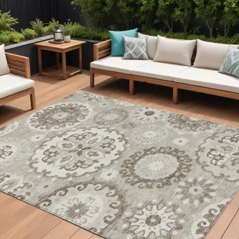 10' X 14' Taupe Beige And Brown Floral Medallion Washable Indoor Outdoor Area Rug