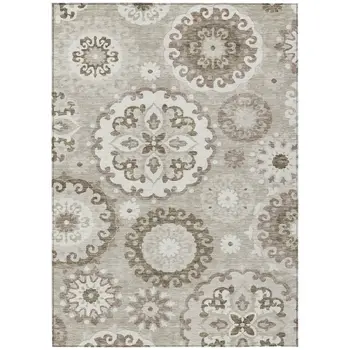 10' X 14' Taupe Beige And Brown Floral Medallion Washable Indoor Outdoor Area Rug