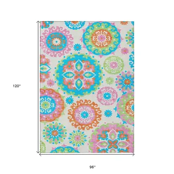 8' X 10' White Orange And Teal Blue Floral Medallion Washable Indoor Outdoor Area Rug