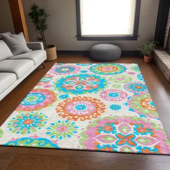 8' X 10' White Orange And Teal Blue Floral Medallion Washable Indoor Outdoor Area Rug