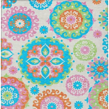 10' X 14' White Orange And Teal Blue Floral Medallion Washable Indoor Outdoor Area Rug