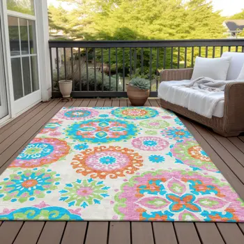 10' X 14' White Orange And Teal Blue Floral Medallion Washable Indoor Outdoor Area Rug