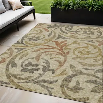 5' X 8' Beige Taupe And Copper Floral Washable Indoor Outdoor Area Rug
