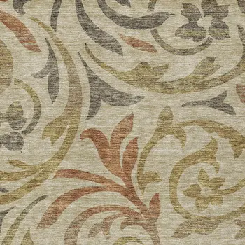 5' X 8' Beige Taupe And Copper Floral Washable Indoor Outdoor Area Rug
