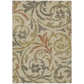 9' X 12' Beige Taupe And Copper Floral Washable Indoor Outdoor Area Rug