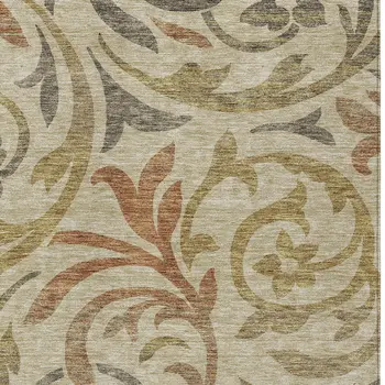 9' X 12' Beige Taupe And Copper Floral Washable Indoor Outdoor Area Rug