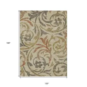 10' X 14' Beige Taupe And Copper Floral Washable Indoor Outdoor Area Rug