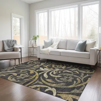 3' X 5' Black Taupe And Gold Floral Washable Indoor Outdoor Area Rug