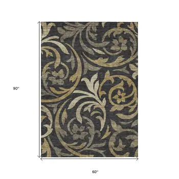 5' X 8' Black Taupe And Gold Floral Washable Indoor Outdoor Area Rug