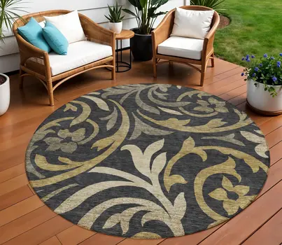 8' Black Taupe And Gold Round Floral Washable Indoor Outdoor Area Rug