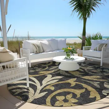 8' Black Taupe And Gold Round Floral Washable Indoor Outdoor Area Rug
