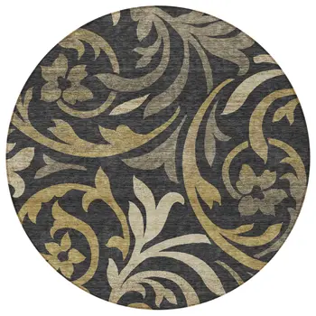 8' Black Taupe And Gold Round Floral Washable Indoor Outdoor Area Rug