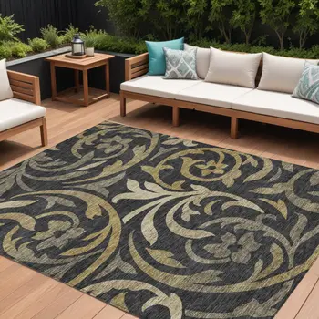 8' X 10' Black Taupe And Gold Floral Washable Indoor Outdoor Area Rug