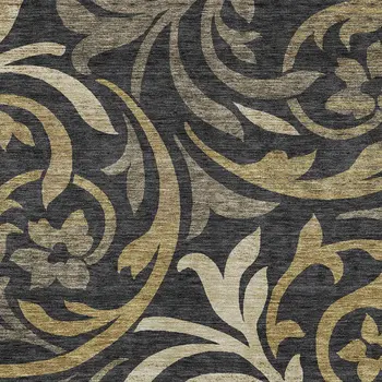 10' X 14' Black Taupe And Gold Floral Washable Indoor Outdoor Area Rug