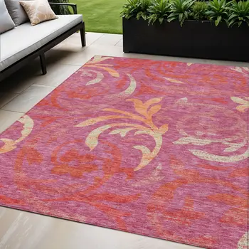 5' X 8' Blush Orange And Ivory Floral Washable Indoor Outdoor Area Rug