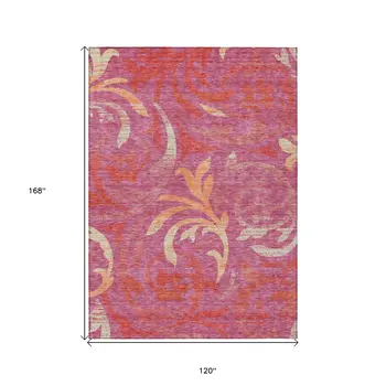 10' X 14' Blush Orange And Ivory Floral Washable Indoor Outdoor Area Rug