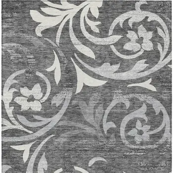 3' X 5' Charcoal Silver And Gray Floral Washable Indoor Outdoor Area Rug