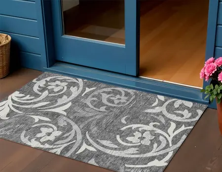 3' X 5' Charcoal Silver And Gray Floral Washable Indoor Outdoor Area Rug