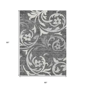 5' X 8' Charcoal Silver And Gray Floral Washable Indoor Outdoor Area Rug
