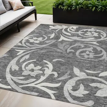 5' X 8' Charcoal Silver And Gray Floral Washable Indoor Outdoor Area Rug