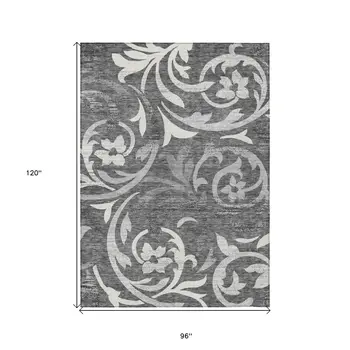8' X 10' Charcoal Silver And Gray Floral Washable Indoor Outdoor Area Rug