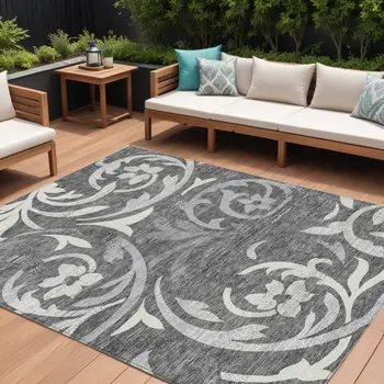 8' X 10' Charcoal Silver And Gray Floral Washable Indoor Outdoor Area Rug