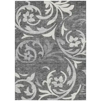 9' X 12' Charcoal Silver And Gray Floral Washable Indoor Outdoor Area Rug